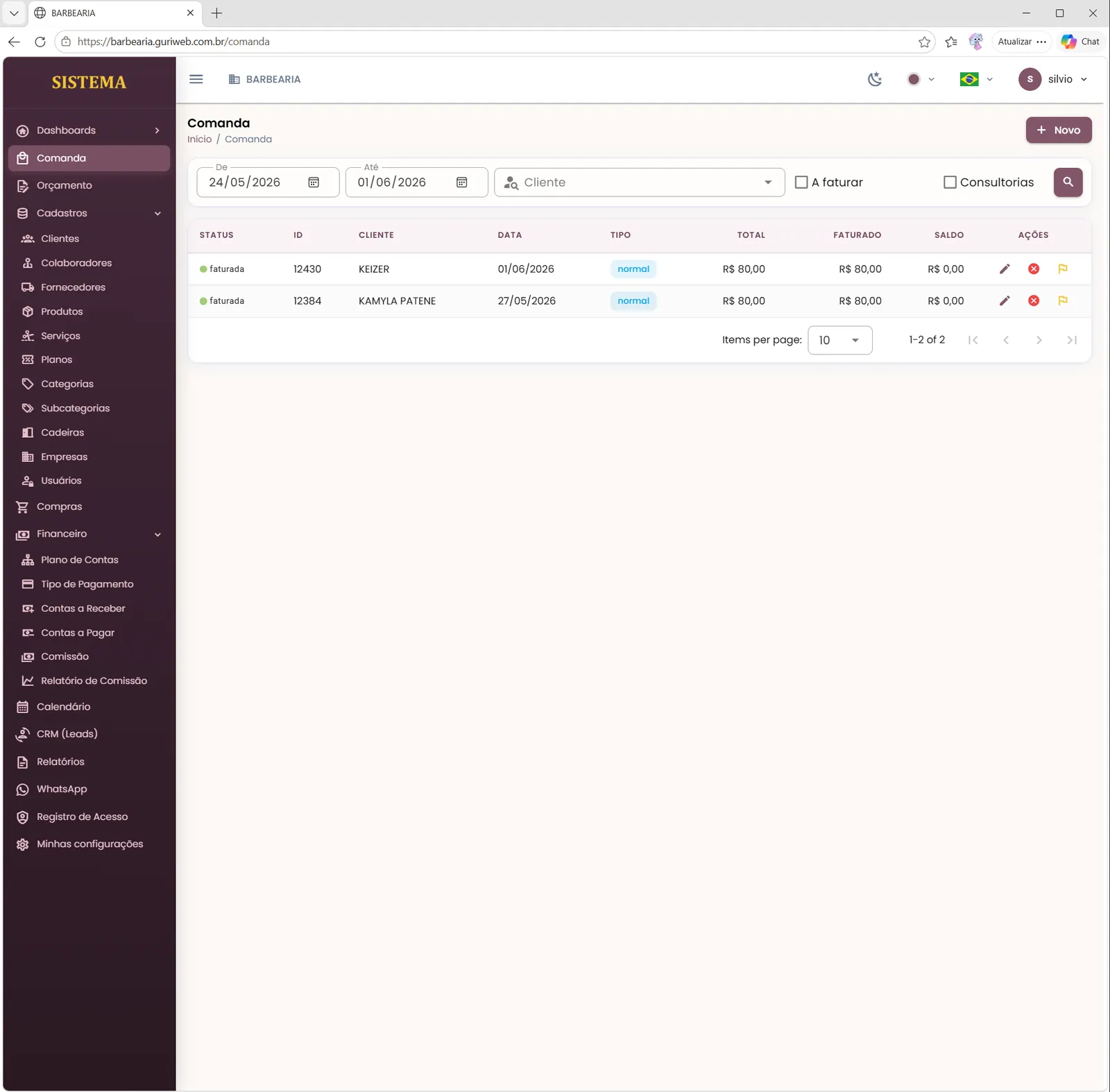 Lista de comandas